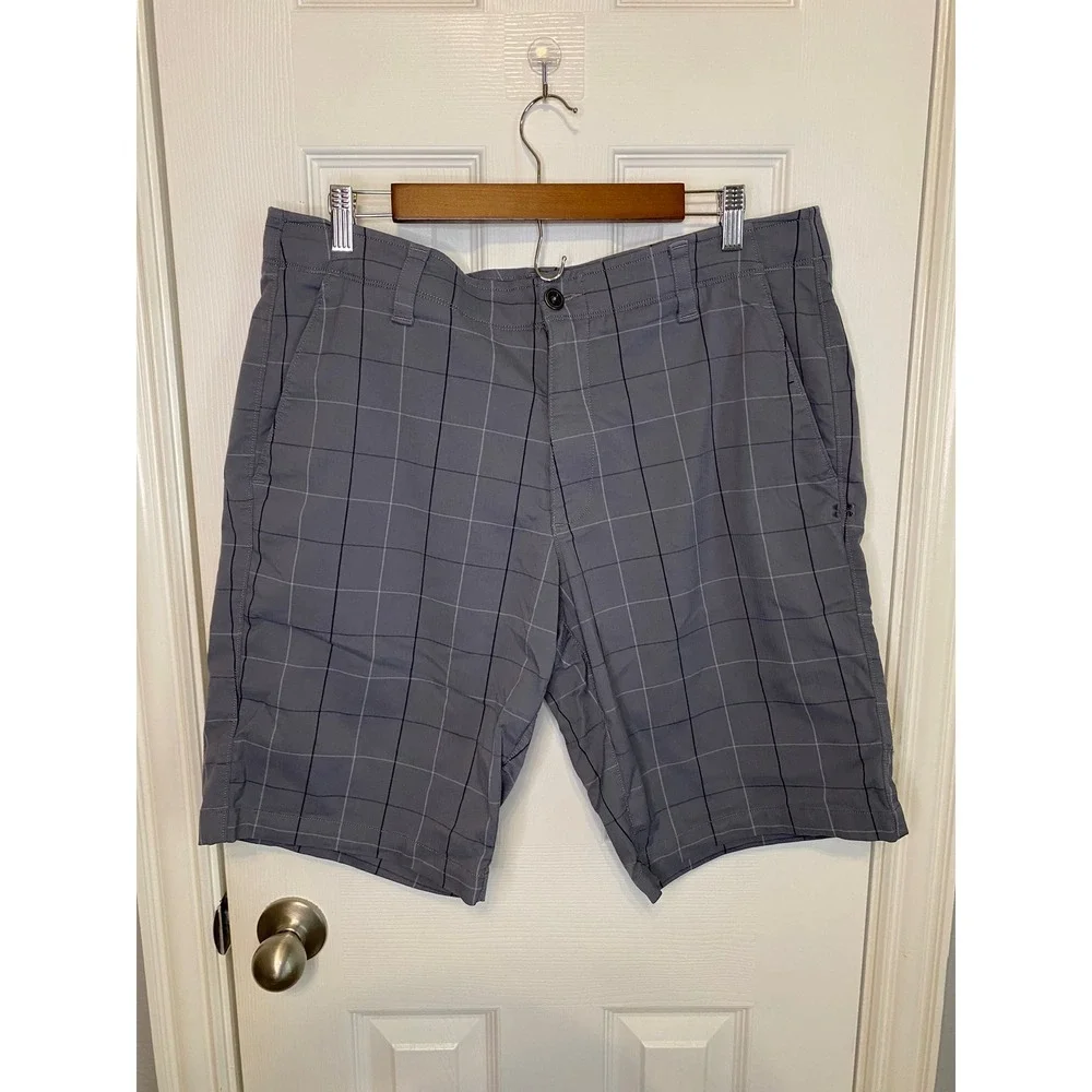 Under Armour Mens HeatGear Golf Shorts Gray Windowpane Plaid Loose Fit Size 38